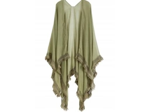 B.P.C poncho letnie oliwkowe z frędzlami i koronką one size.