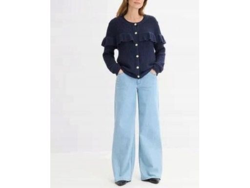 B.P.C sweter rozpinany granatowy z falbanką i złotymi guzikami r.48/50