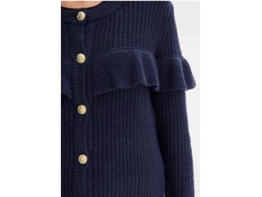 B.P.C sweter rozpinany granatowy z falbanką i złotymi guzikami r.48/50