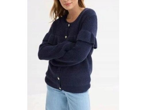 B.P.C sweter rozpinany granatowy z falbanką i złotymi guzikami r.48/50