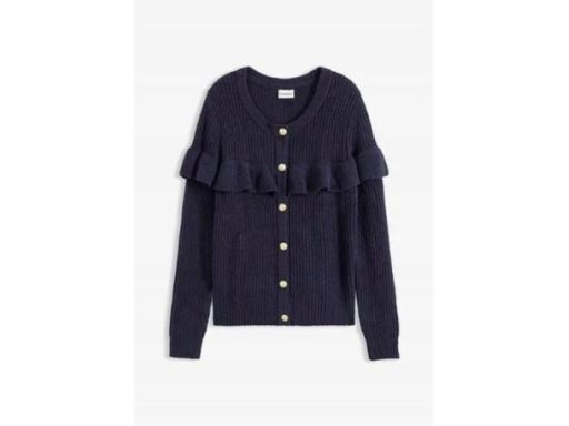 B.P.C sweter rozpinany granatowy z falbanką i złotymi guzikami r.48/50